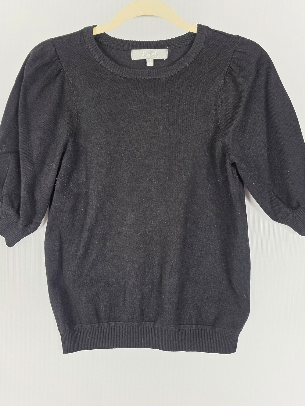 Marled Black Short Puff Sleeve Crewneck Sweater
